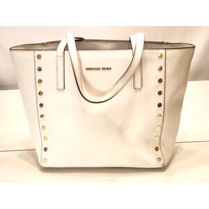Michael Kors Rivington Stud Lg Tote Leather HandBag Purse White Goldtone Trim